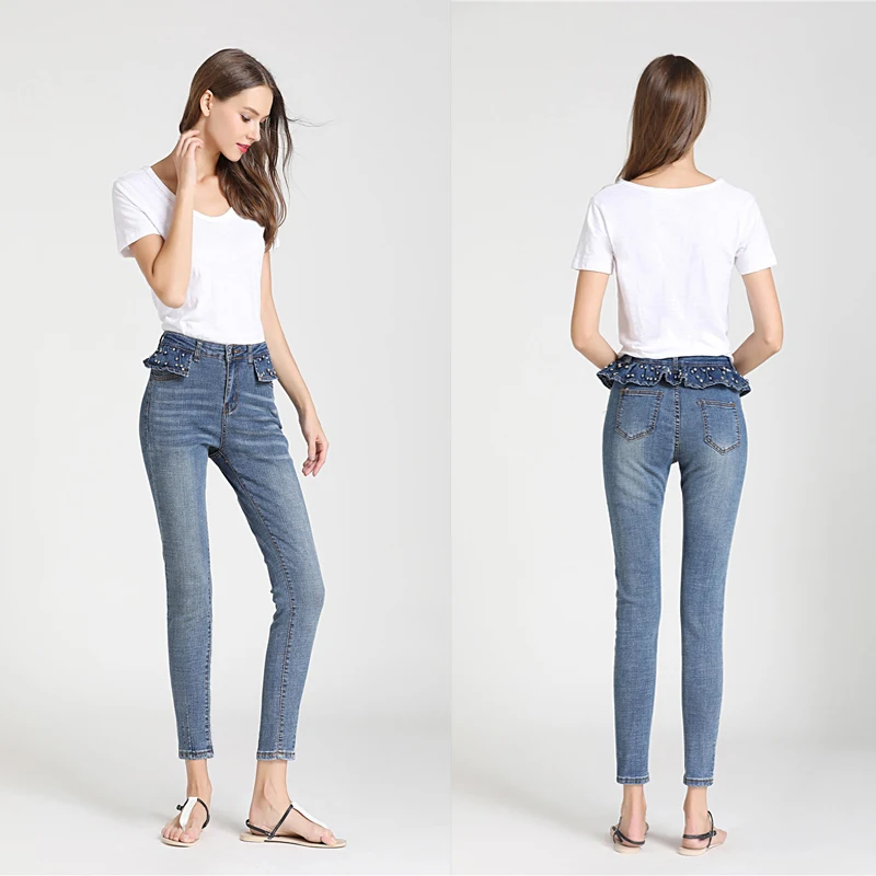 Женские джинсы облегающие с кружевом и бусинами эластичные джинсовые брюки