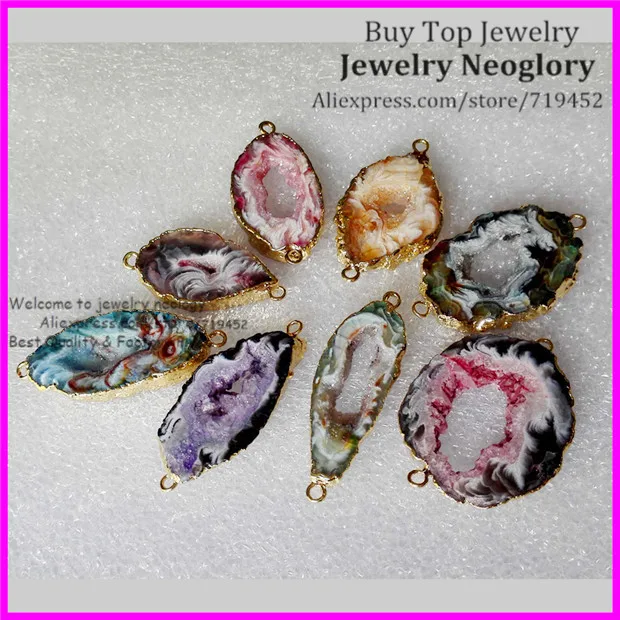 5pcs Mixed Colors Geode Leopard Stone Druzy Pendant Beads Natural Quartz Slice Gem Connector | Украшения и аксессуары