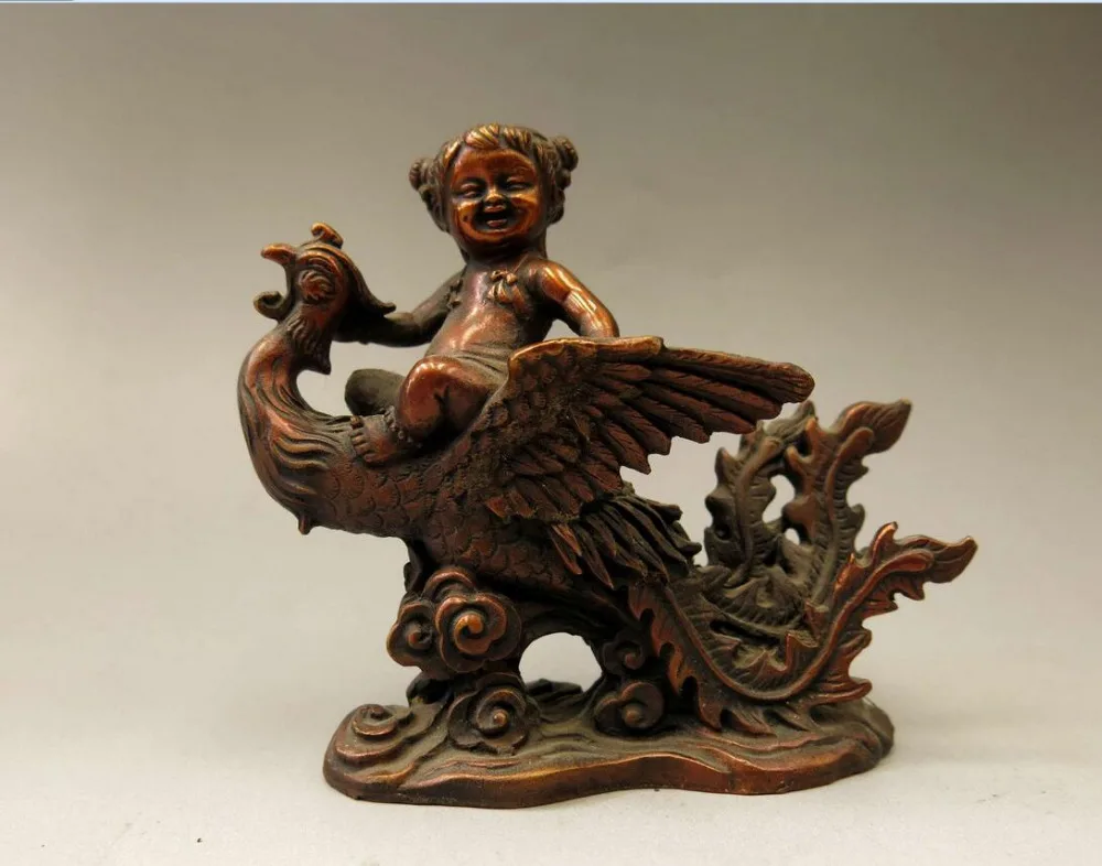 Китай Бронзовая скульптура резная медь фэн шуй Дракон мальчик Феникс девушка
