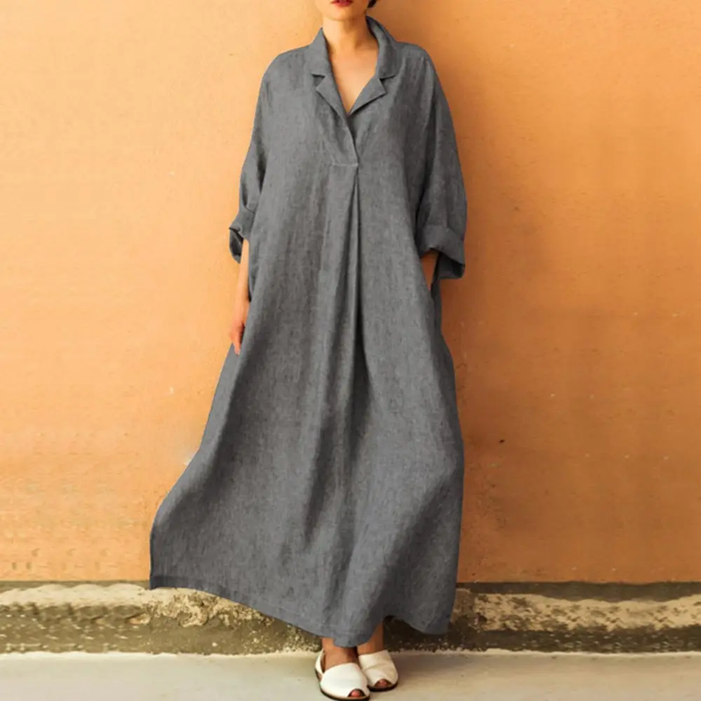 Платья макси из хлопка и льна большого размера черное однотонное женское платье