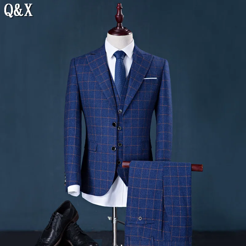 Костюм MS52 из трех предметов куртка и брюки модный мужской костюм 2017 Узкие Синие