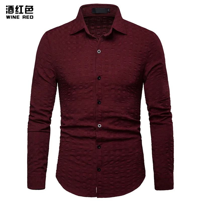 Мужская повседневная Однотонная рубашка с длинными рукавами приталенная в