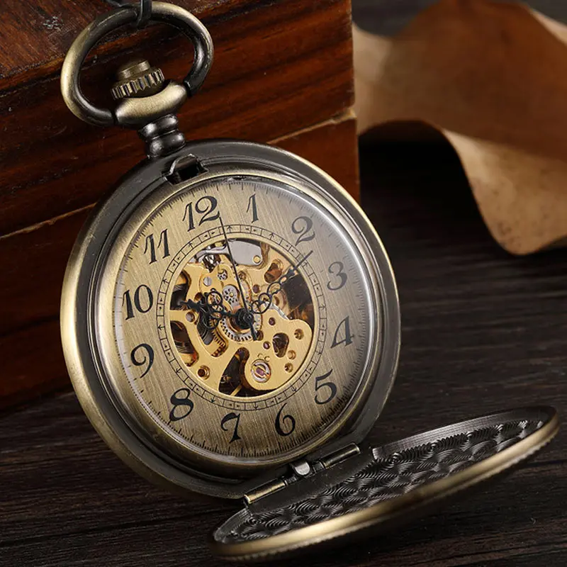 Luxury Bronze Vintage Mechanical Pocket Watch Necklace Men Engraved Skeleton Hand Wind Pendant Watch Steampunk With Chain Gift