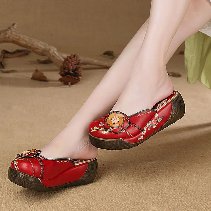

2019 summer new female sandals ethnic style leather sandals flowers handmade ladies slippers
