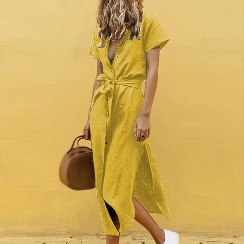 Женское платье повседневный стиль сплошной цвет v образный вырез пуговица
