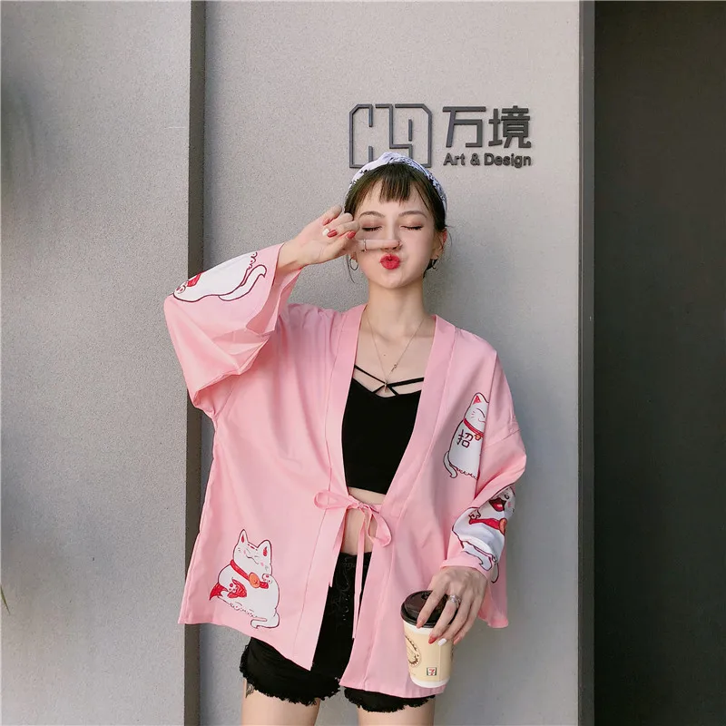 LMCAVASUN Harajuku Женское пальто японское Лаки Кошки печати летнее свободное кимоно с рукавами тонкое пальто Одежда для женщин