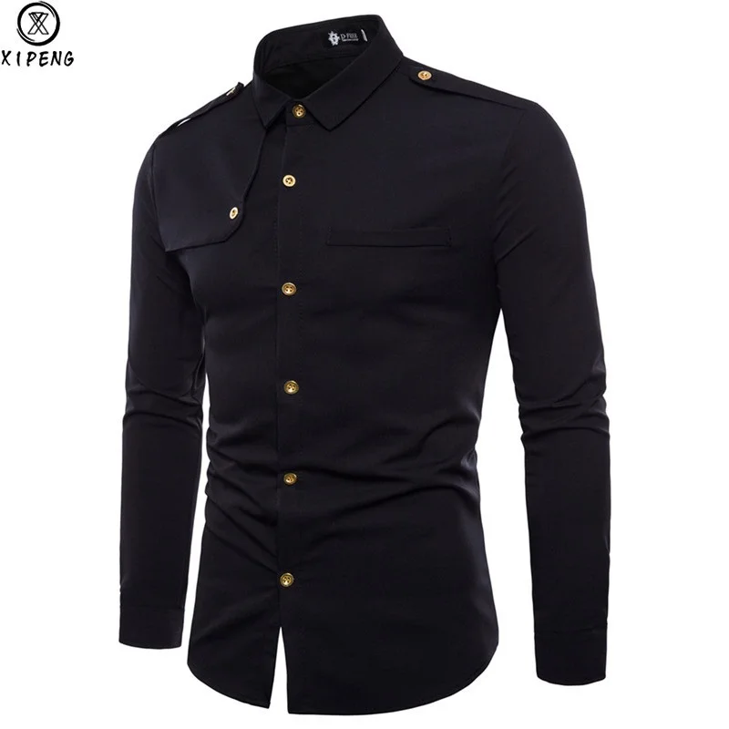 Мужская рубашка карго черная Облегающая с длинным рукавом хлопковая деловая для