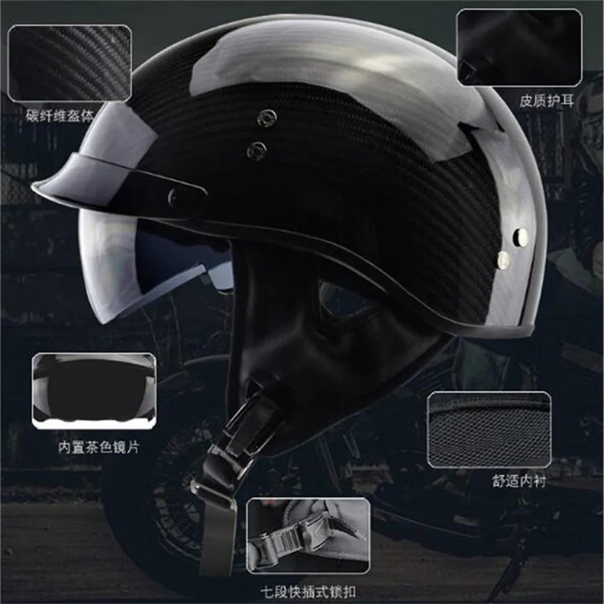 Motorcycle Motorbike Rider Half Carbon Fiber Retro For Helmet Visor With Collar Vespa Open Face Half Motor With Dual Lens CE