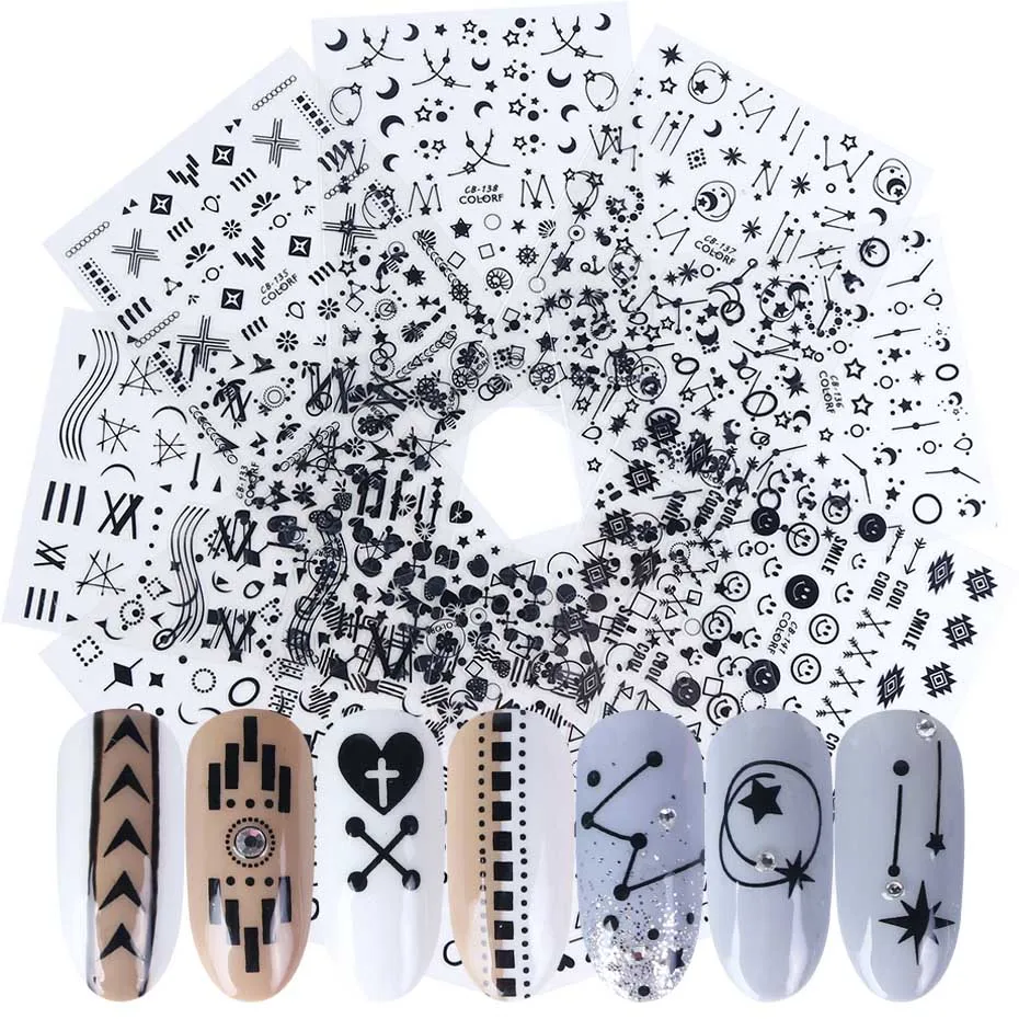 CB133-141 Black Set 8 шт., стикеры 3D на ногти Nail Art, золотые, серебристые, Микс дизайнов, Слайдеры для ногтей, клейкие, для маникюра, украшения для ногтей, SACB133-141-1 - Цвет: CB133-141 Black Set