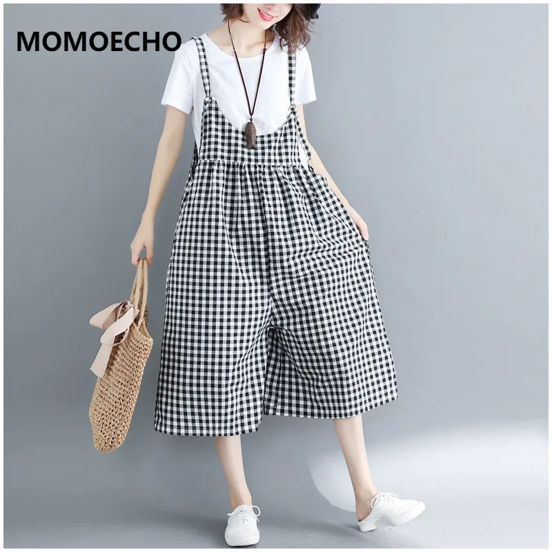 MOMOECHO плюс Размеры Для женщин комбинезон черный и белый плед свободные хлопковые