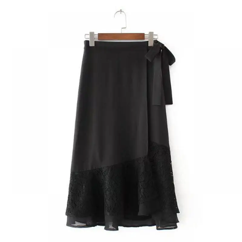 

2019 Spring New Arrival Lace-up Black Skirt High Waist Women Skirt Elegant Lace Skirt Decorative Laminate clothes