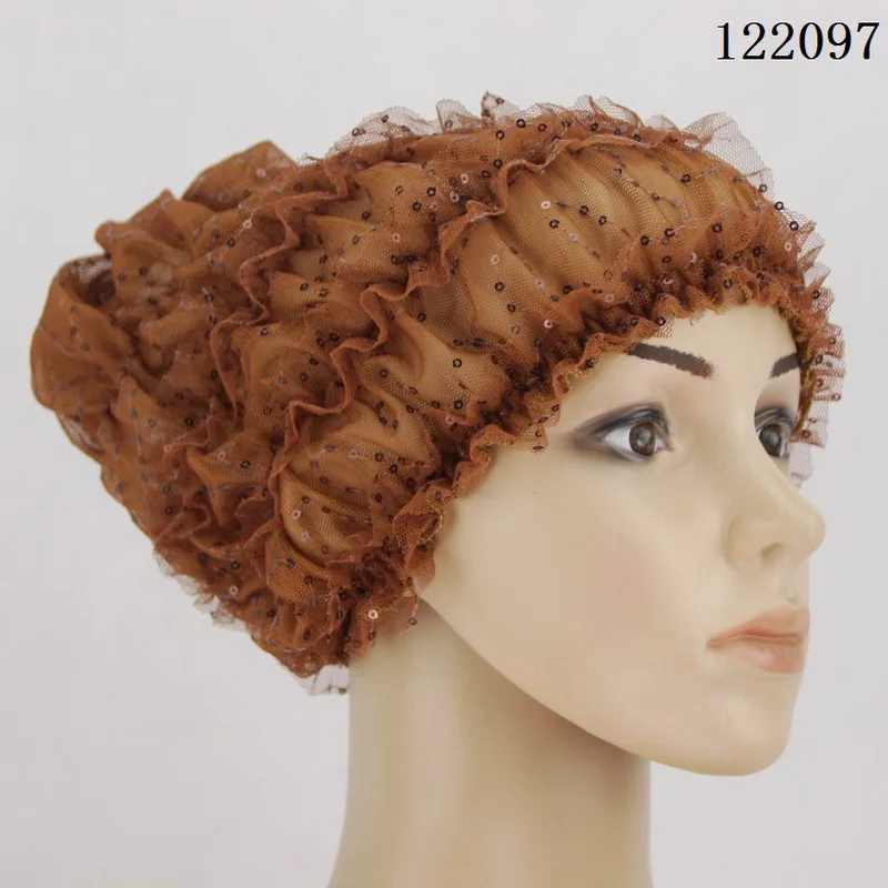 

8 Colors Hand hook Elastic net Muslim hijab with Sequins, Lace hat for women islamic head coverings wholesale 122092