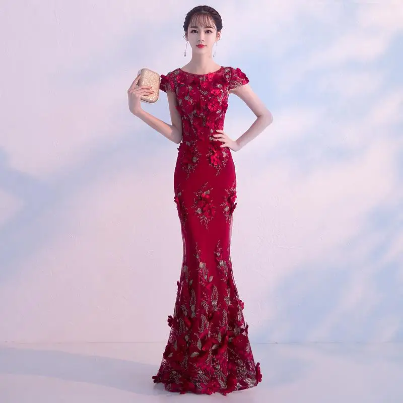 Темно-красные вечерние Cheongsam восточные женские элегантные тонкие платья модные в китайском стиле Свадебные Длинные Qipao роскошный халат Vestido - Цвет: Dark Red