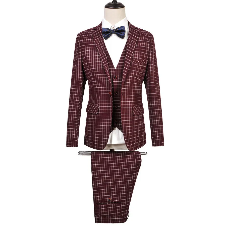 (Пиджак + брюки жилет) Мужской превосходный клетчатый костюм брендовая одежда