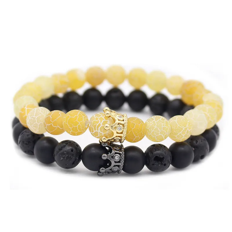 yellow black Poshfeel подарок для пары 2 шт./компл. CZ браслеты с короной 8 мм каменный браслет для влюбленных украшение ручной работы с бусинами Pulsera MBR180297 - Окраска металла: yellow black