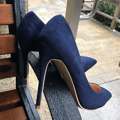 Navy 10cm Heels Veowalk/темно-синие женские туфли-лодочки из синтетической замши на высоком каблуке с острым носком без застежки; женские туфли-лодочки на шпильке 8, 10, 12 см; модные свадебные туфли - Цвет: Navy 10cm Heels