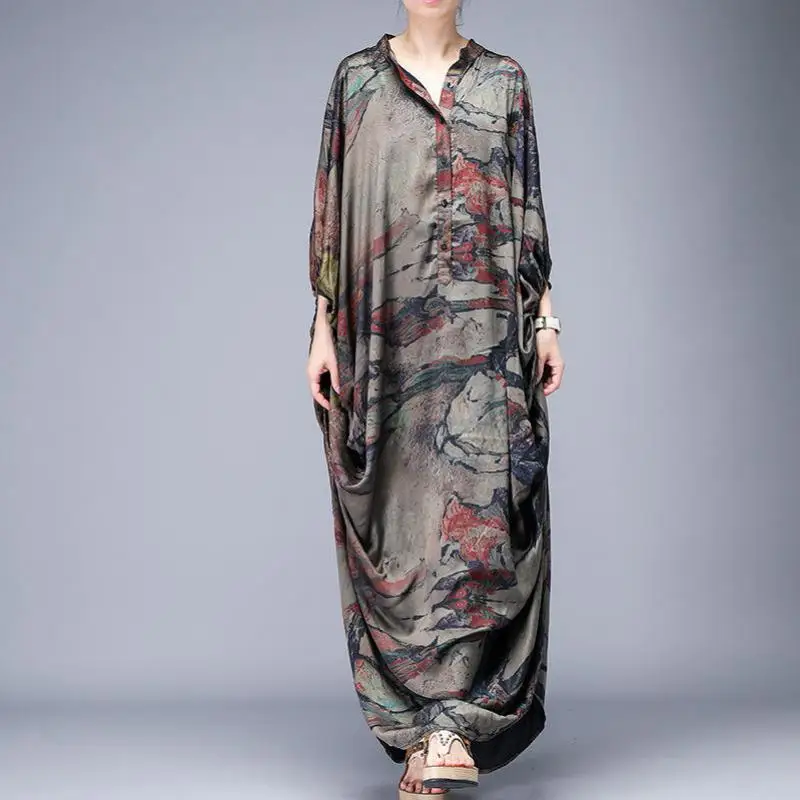 Новинка 2019 винтажное длинное платье с рукавом летучая мышь и пуговицами