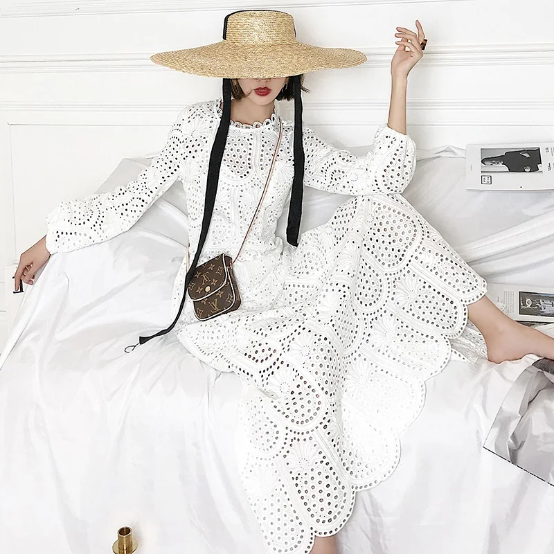 Женское винтажное платье трапеция однотонное ажурное Хлопковое с разрезом