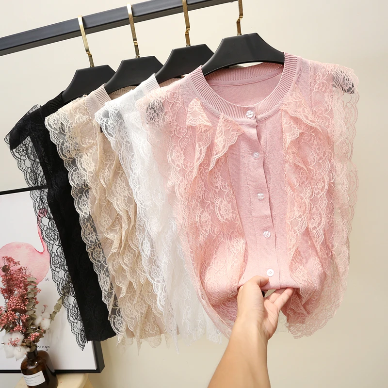 New Fashion Summer Hollow Out Ice Silk Vest Women OL Sleeveless Knitted T-Shirt O-Neck Patchwork Lace Tops Tees G183 | Женская одежда