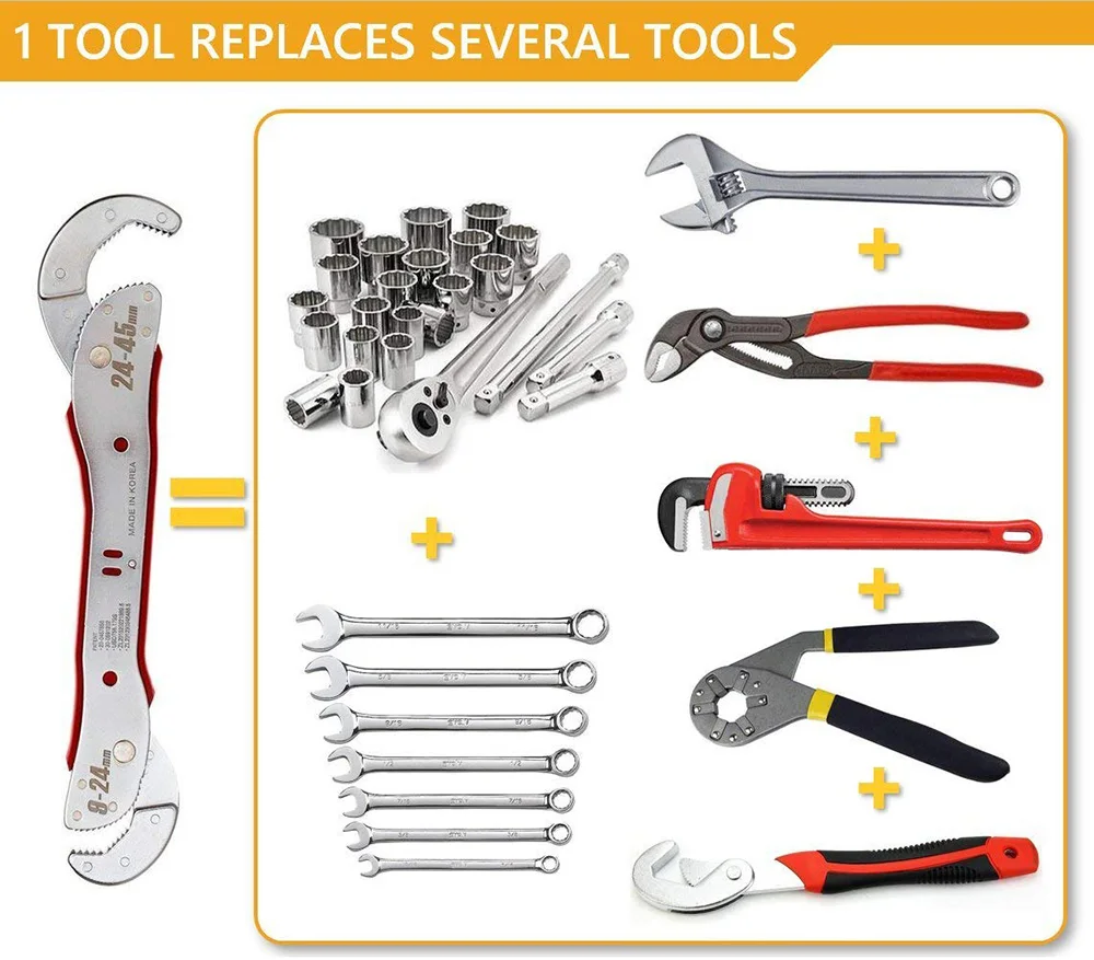 Universal Wrench 15/16"- 13/8" 9-45mm High Torque Adjustable Spanner Wrench Bionic Wrench Snap Grip Pipe Wrench Hand Tool