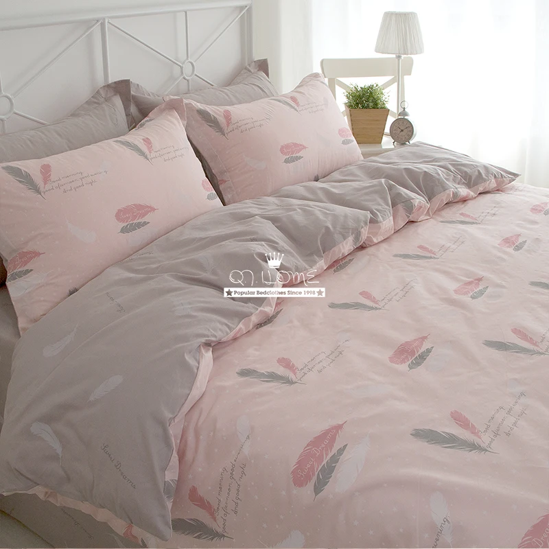 Бесплатная доставка! корейское пасторальное платье принцессы бледно розовато Серое Перо 100% хлопок Комплект