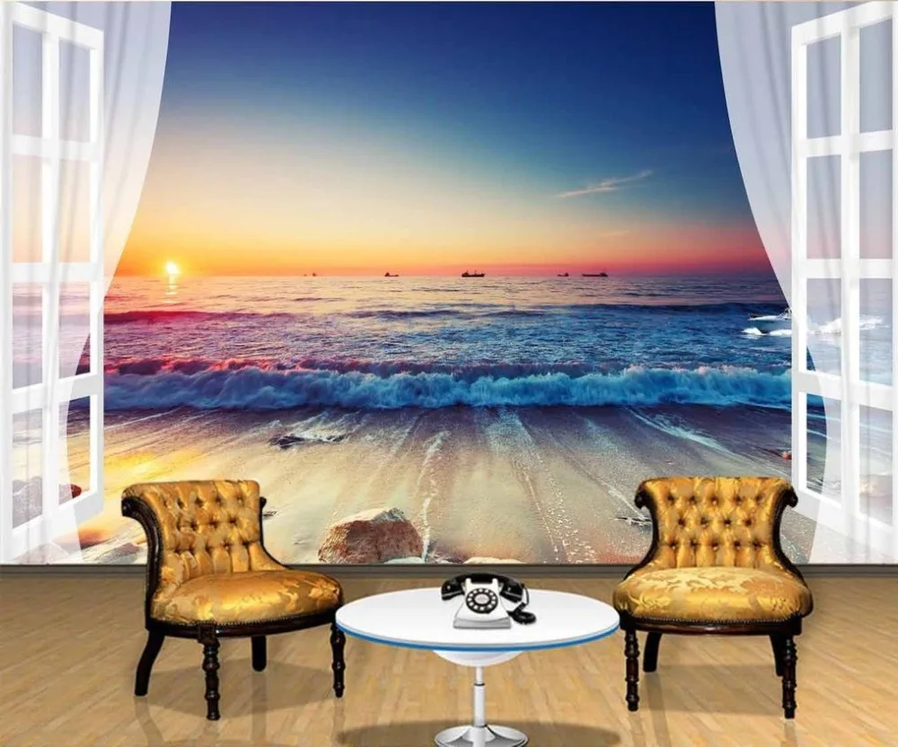 3D обои на заказ для гостиной с видом море за окном|wallpaper 3d living room|3d landscapeslandscape wallpaper