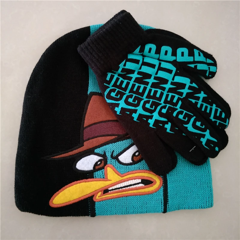 Phinas Ferb/зимние шапки с героями мультфильмов; Perry The Platypus Agent P; Детские кепки для мальчиков; Gorro Masculino Bones Skullies Beanies с перчатками