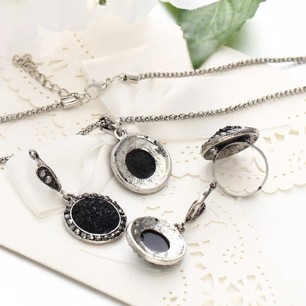 Vintage Crystal Wedding Engagement Jewelry Sets for Women Rhinestone Round Necklaces Pendants Drop Earrings Ring Set | Украшения и