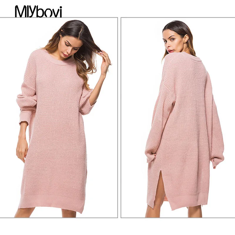 Women Sweater Dress Female Autumn Winter Yellow Long Sleeve Loose knitted Sweaters Dresses Solid Vestido largo Invierno mujer | Женская