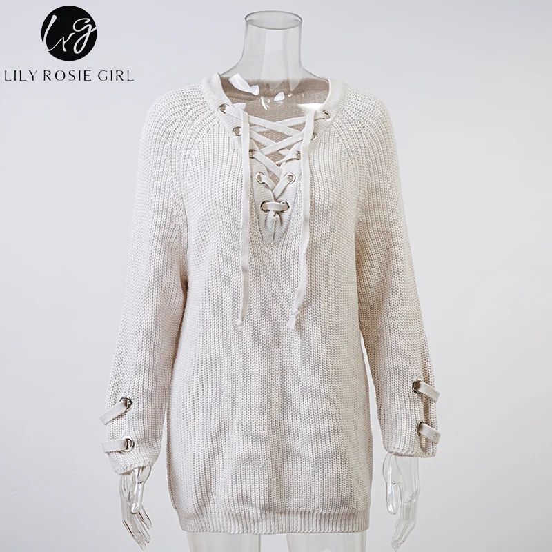 Lily Rosie Girl Lace Up V Neck Women Casual Long Sweaters Pullovers Knitting Full Sleeve Feeme Sueter 2018 Autumn Winter Jumpers | Женская