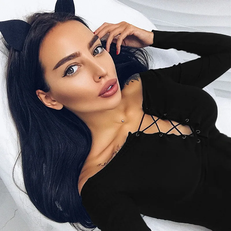Sexy Lace Up Женщины укороченный Топ Футболка 2018 осень с длинным рукавом футболки
