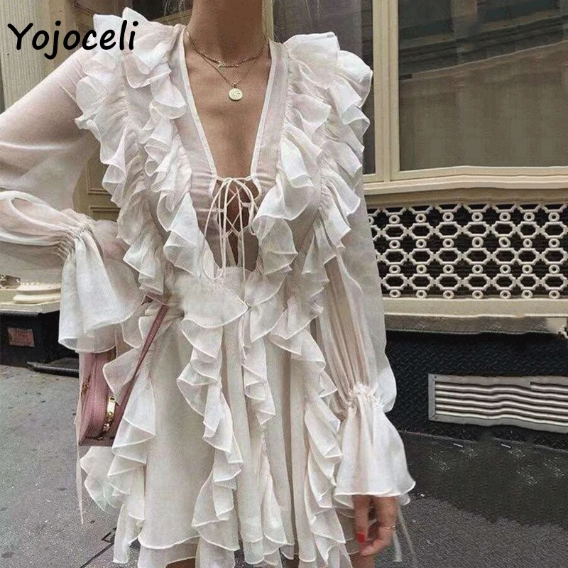 Yojoceli 2019 сексуальное прозрачное платье с оборками женское пляжное мини длинным