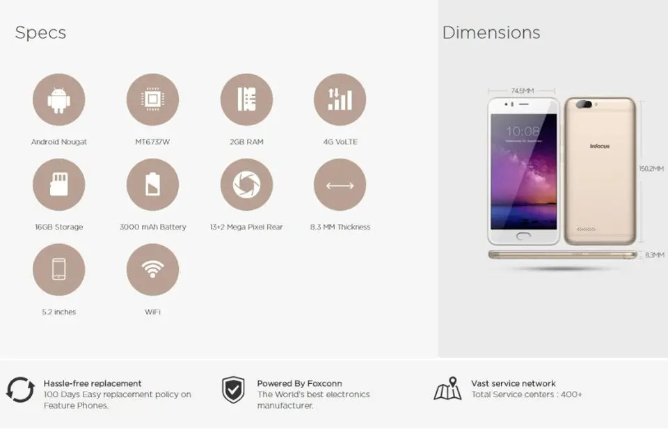 Infocus A3 мобильный телефон 5,2 дюймов MT6737W четырехъядерный 2 Гб ОЗУ 16 Гб ПЗУ 13,0 камера 3050 мАч Android 7,0 4G TDD-LTE смартфон