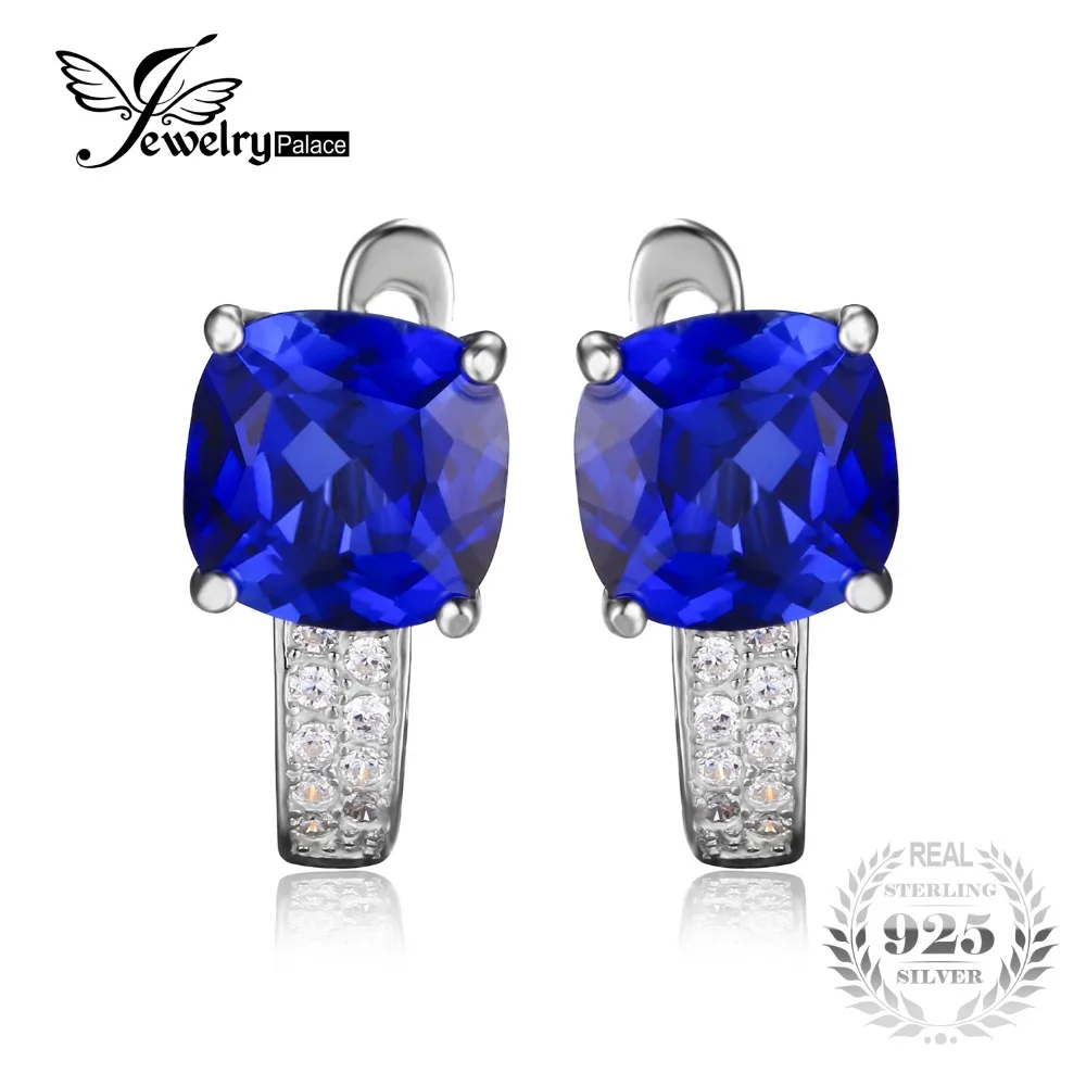 JewelryPalace Подушки 4.6ct Создана в Синий Сапфир Клип На Серьги Стерлингового Серебра 925