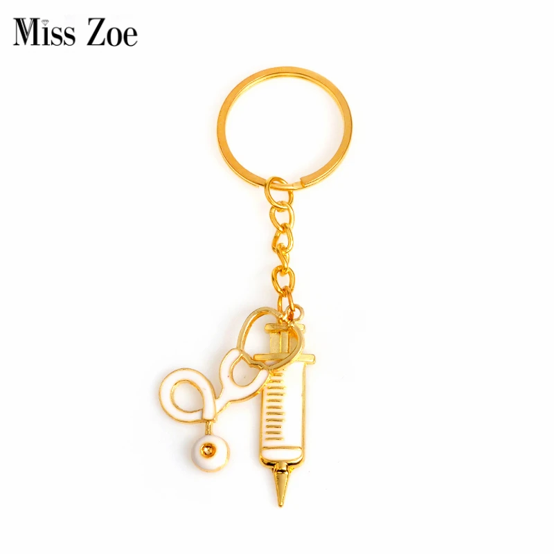 

Miss Zoe Golden Syringe Stethoscope Keychain Key Chain Keyring Doctor Nurse Physicians Medical Student Graduation Gift Jewelry