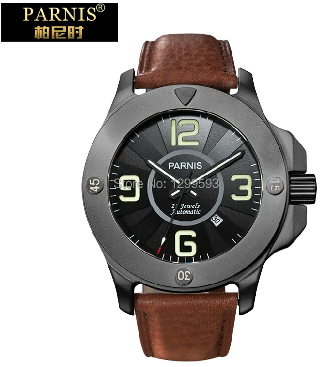 Genuine Parnis large dial men's casual leather belt automatic mechanical watch men waterproof luminous military form | Наручные часы