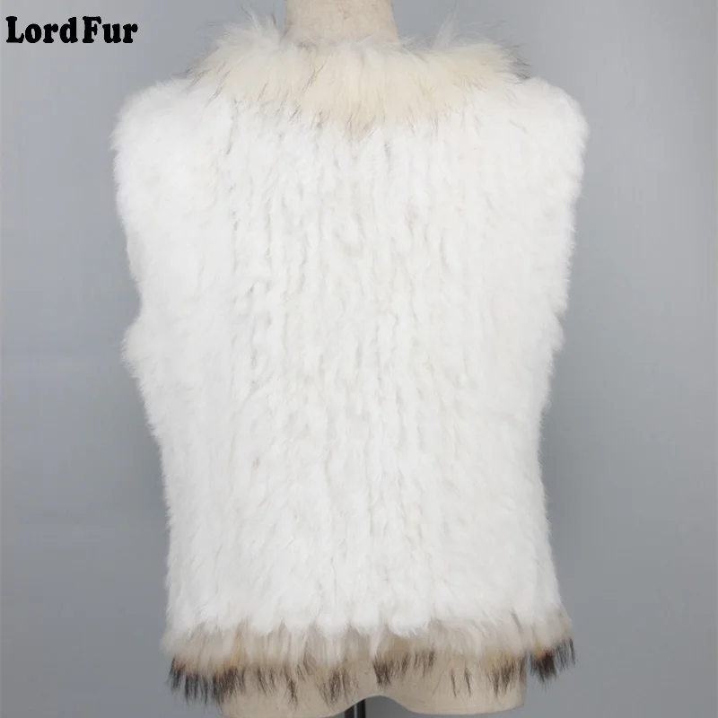 

(TopFurMall)Lady Fashion Genuine Knitted Rabbit Fur Vest Waistcoat Raccoon Fur Collar Women Real Fur Gilet Outerwear LF4029