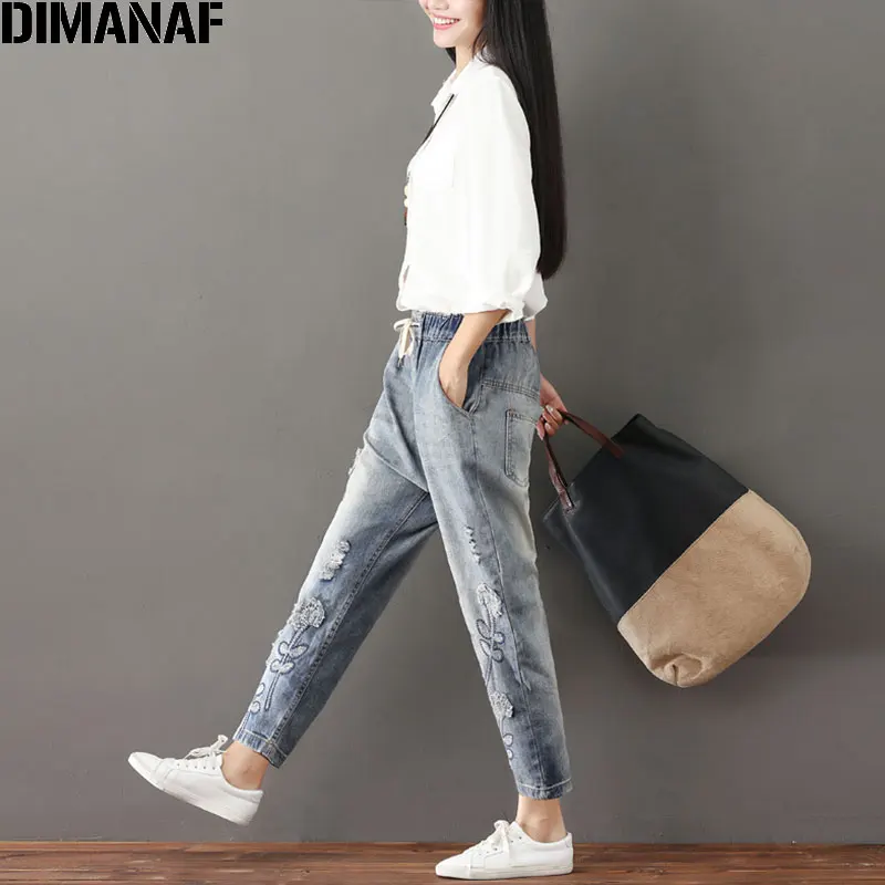 DIMANAF Plus Size Women Jeans Autumn Hole Harem Pants Floral Elastic Waist Show Thin Vintage Capris Pants Blue New Jeans