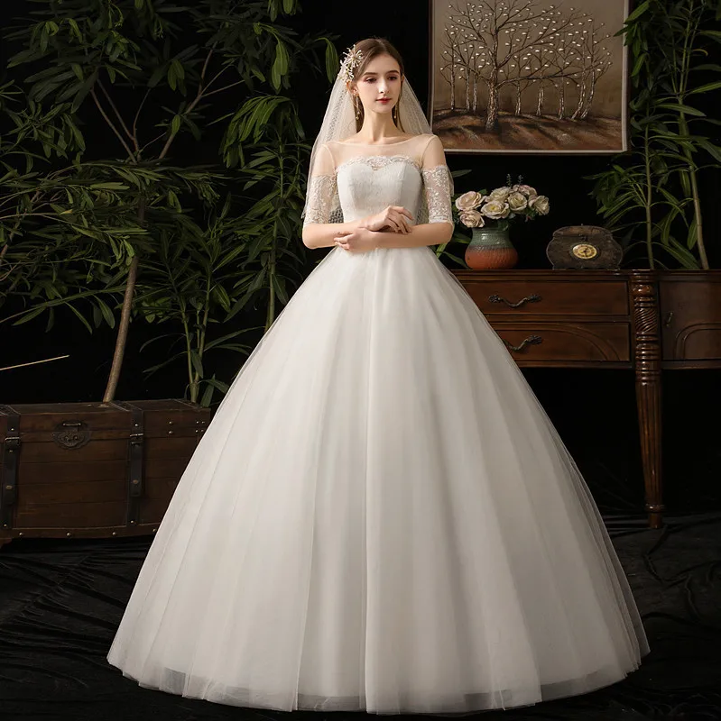 

New Elegant Wedding Dress 2021 Bridal Sweetheart Lace Half Sleeve Ball Gown Illusion Tulle White Champagne Custom Size