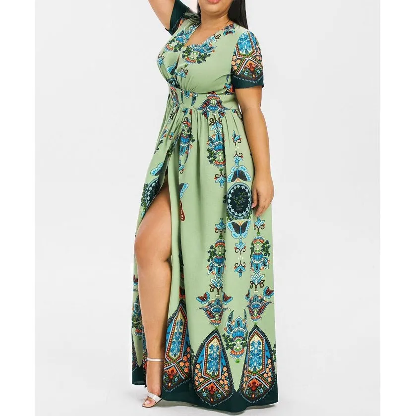 5XL летнее женское длинное платье с принтом в стиле бохо Повседневное коротким