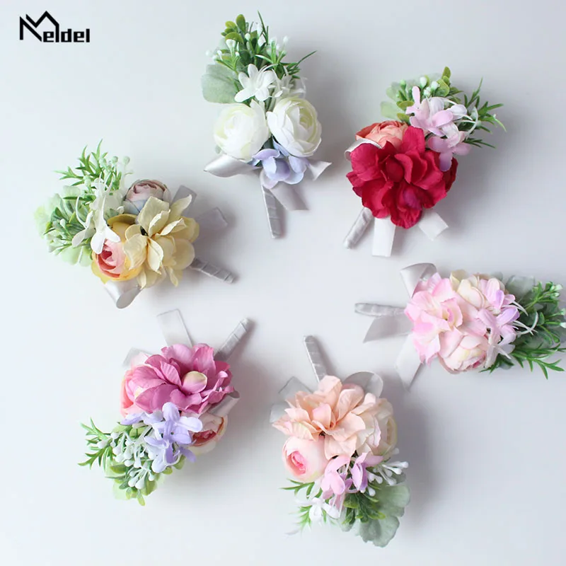 

Meldel Wedding Boutonniere Groom Corsage Bridal Wrist Corsages Bracelet Artificial Rose Hydrangea Flowers Pink Marriage Supplies