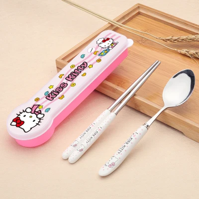 Модная Посуда Столовые приборы посуда разнообразных рисунок «Hello Kitty» Пособия по кулинарии комплект комбинированные вилка и ложка для походов лагерь Кухня Нержавеющая сталь кухонная посуда - Цвет: 5