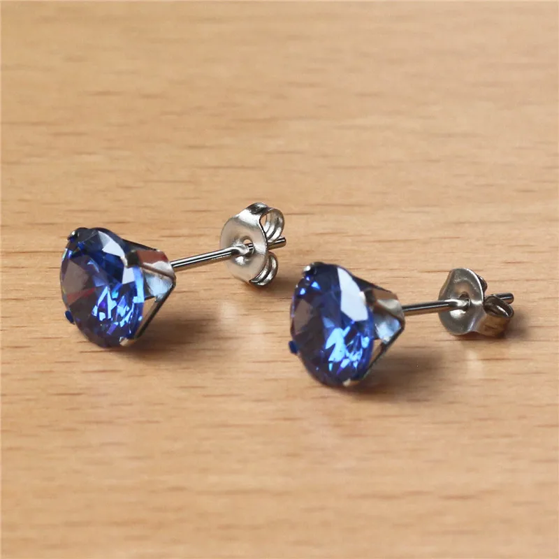 316 L Stainless Steel With 8mm Round AAA Tanzania Blue Zircon Stud Earrings For Men And Women 201903011420