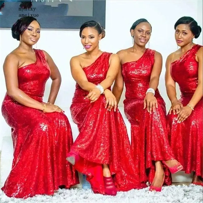 Красное вечернее платье в африканском стиле с блестками на одно плечо длина до
