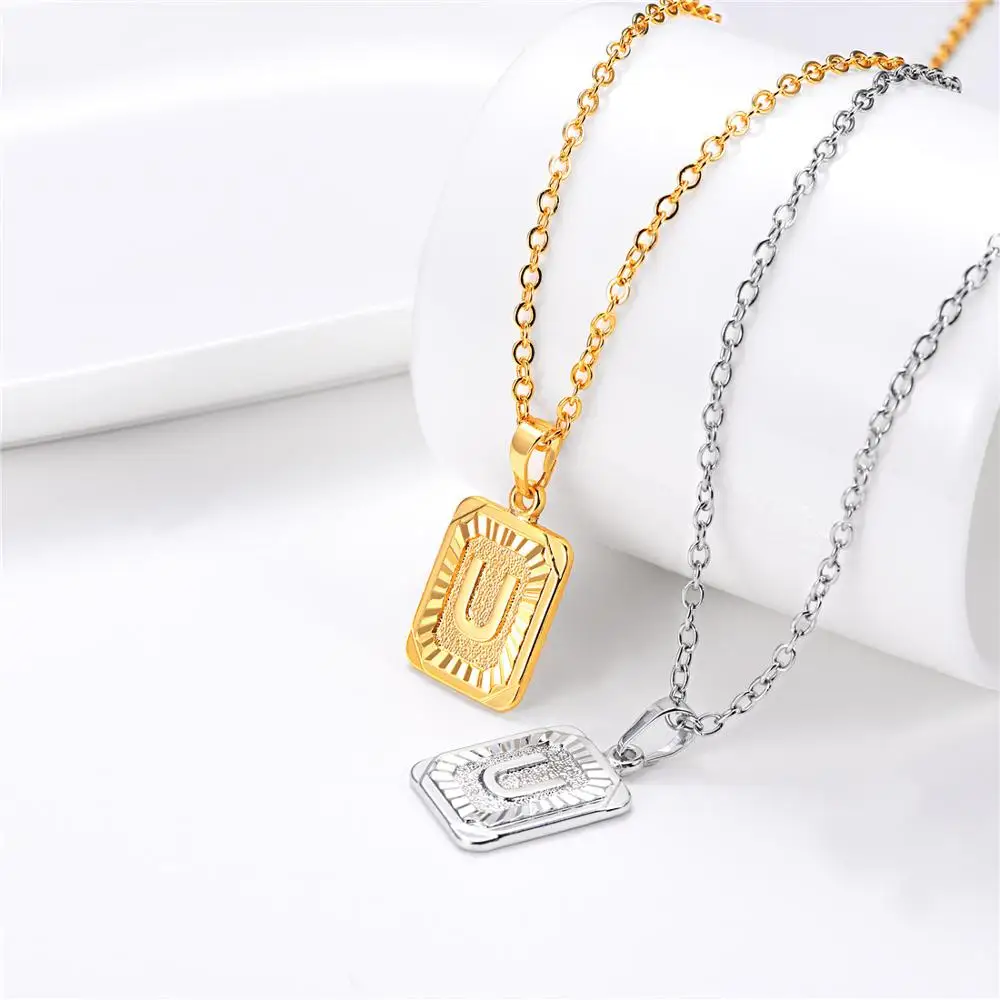 U7 Square Letters Necklaces Pendant Chain Necklace for Women Men English Initial Name Alphabet Jewelry Best Birthday Gifts P1196 - Окраска металла: U