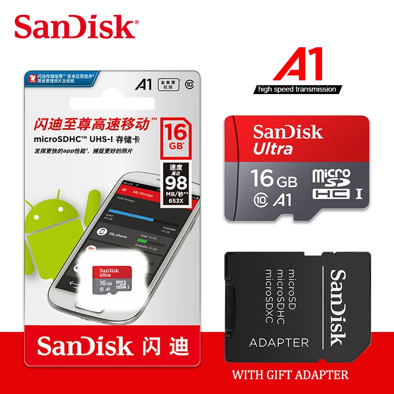 16GB with adapter Карта памяти SanDisk A1, 200 ГБ, 128 ГБ, 64 ГБ, 98 МБ/с./с, 32 ГБ, Micro sd карта, класс 10, UHS-1, флеш-карта, память Microsd, TF/sd карта s для планшета - Емкость: 16GB with adapter