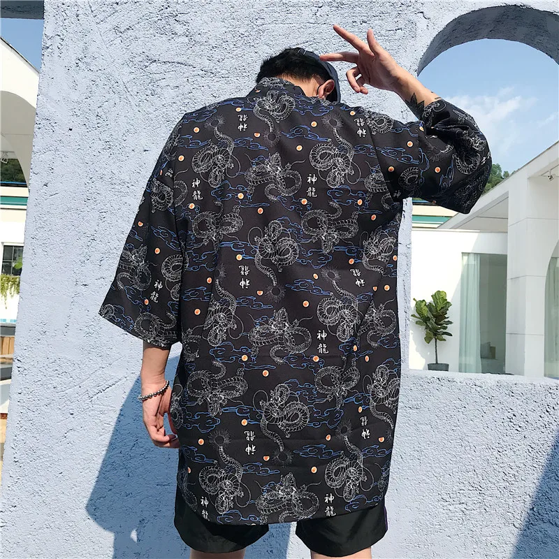 Harajuku дизайн японское кимоно кардиган 2019 Лето Дракон печати свободные три