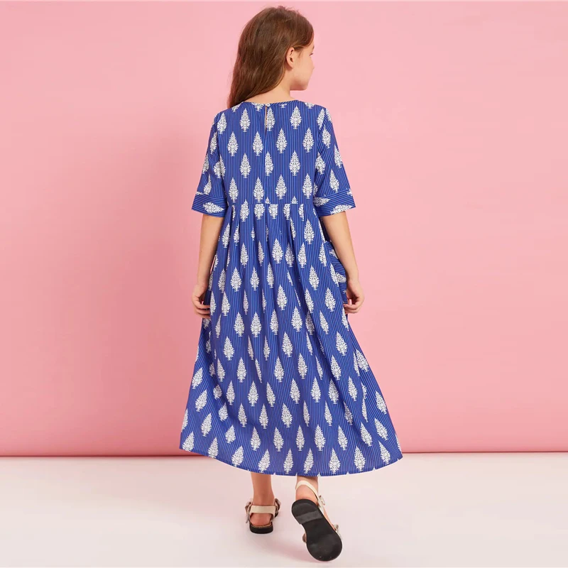 SHEIN Kiddie/синее боховая туника в полоску с карманами спереди и растениями, платье года, летние праздничные длинные платья с короткими рукавами и высокой талией