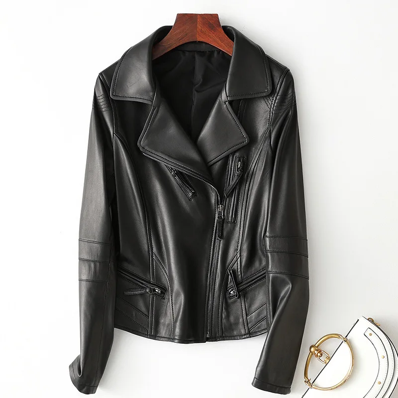 

Autumn Office Lady Clothes Real Leather Jacket Women Lapel Long Sleeve Slim White Lambskin Genuine Leather Short Coats Female