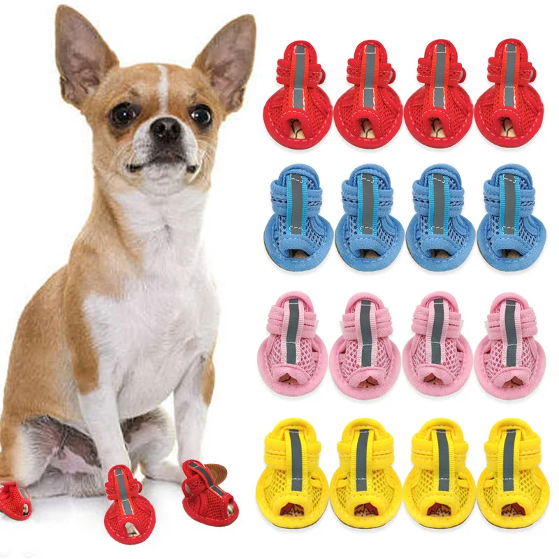 

4pcs/lot Hot Sale Casual Anti-Slip Small Dog Shoes Cute Pet Shoes Shoe Spring Summer Breathable Soft Mesh Sandals Candy Colors